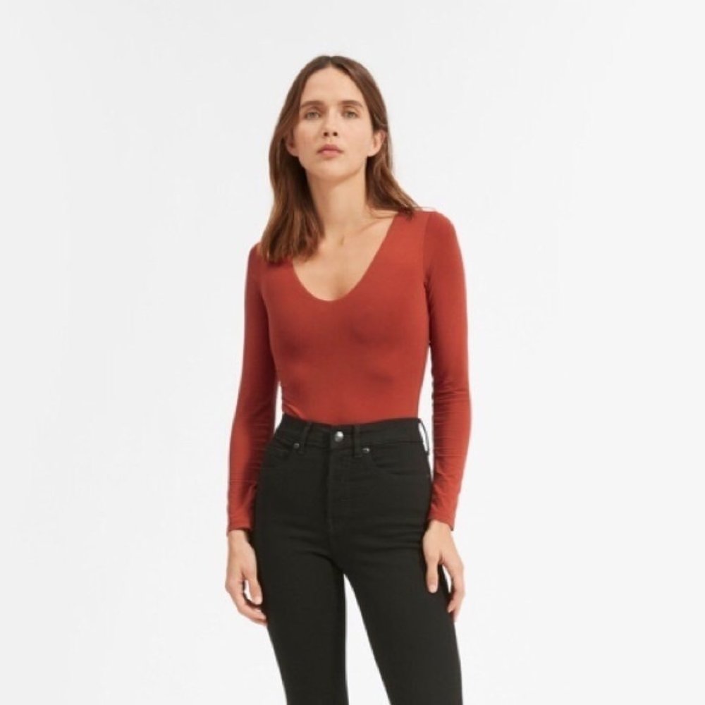 Everlane The Long Sleeve V-Neck Supima Bodysuit, Burnt Orange, Medium